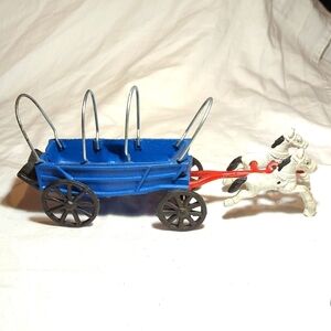 Vintage Cast Iron Horse and Wagon Painted Blue Red White Toy Antique Collectible